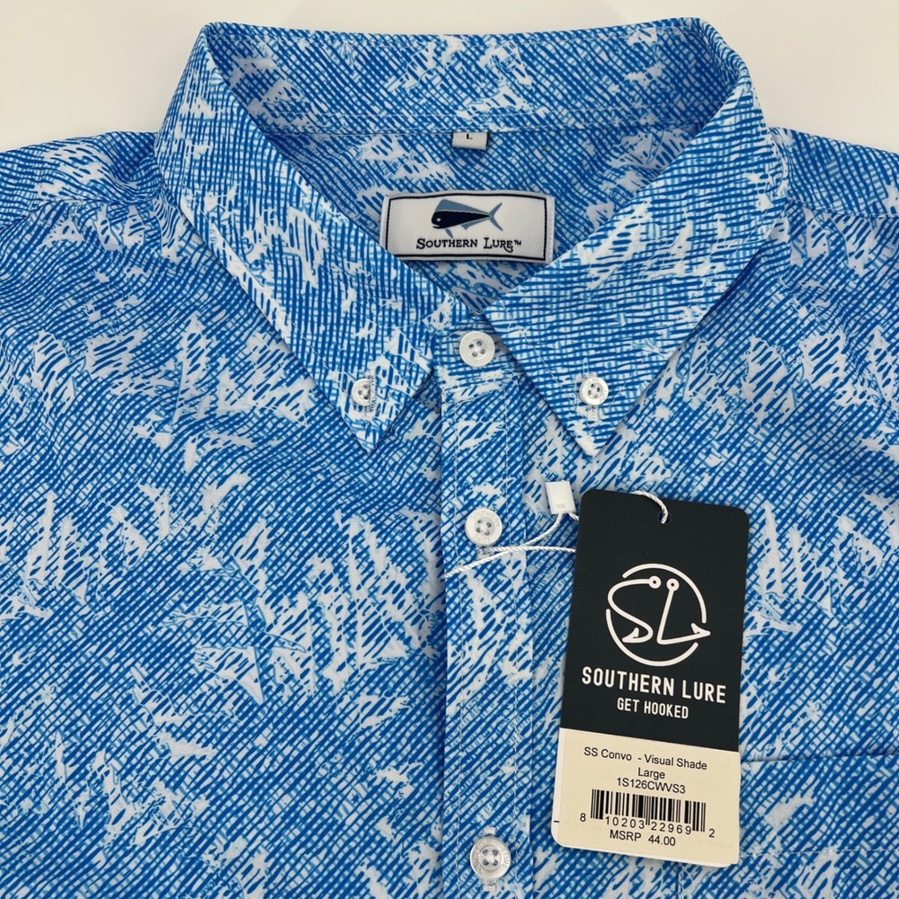 NEW Southern Lure SS Convo Visual Shade Blue White Pattern Shirt Mens Large